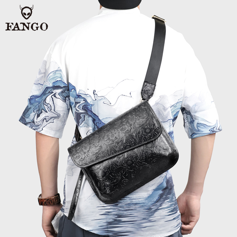 头层牛皮斜挎包男手工真皮单肩包休闲唐草纹国潮邮差包多功能手包