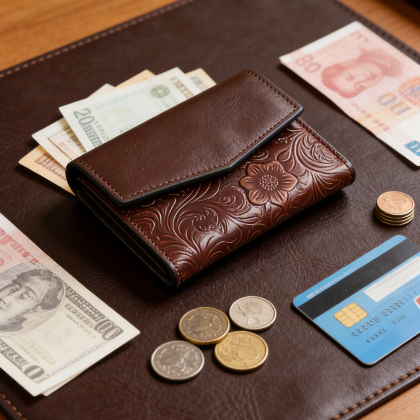 梵果FANGO国风唐草牛皮钱包男女手工真皮多功能钱夹大容量钱包潮