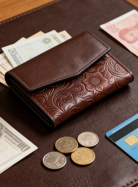 梵果FANGO国风唐草牛皮钱包男女手工真皮多功能钱夹大容量钱包潮