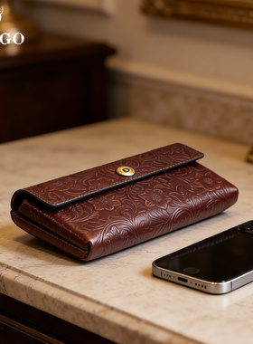梵果FANGO国风唐草牛皮双手机收纳包男女真皮手拿包大容量钱包潮