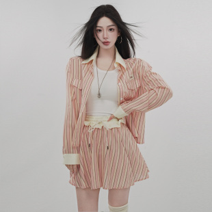 女春夏通勤百搭千金风上衣 日落加州粉色条纹Miu风衬衫 STYLE YINZ