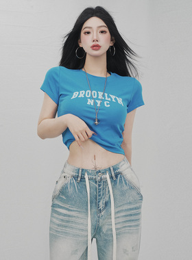 STYLE YINZ 美式字母印花短袖T恤2026春夏辣妹风收腰时髦短款上衣