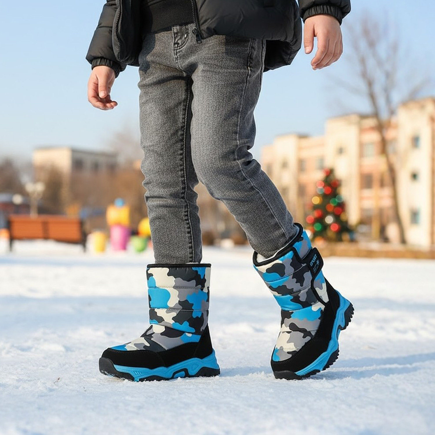 儿童中筒加绒防水防滑雪地靴