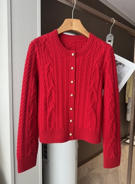 V家26春新款绵羊毛羊绒混纺饱满复古绞花纹理红色针织开衫女1062C