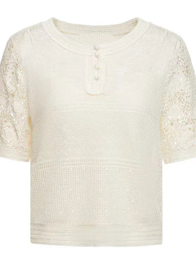 V家新中式手工钩织亚麻针织衫女套头夏季轻薄透气短袖上衣24170