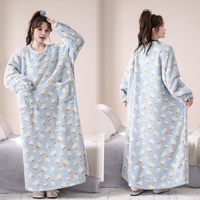 及脚踝加长款加厚法兰绒睡袍女