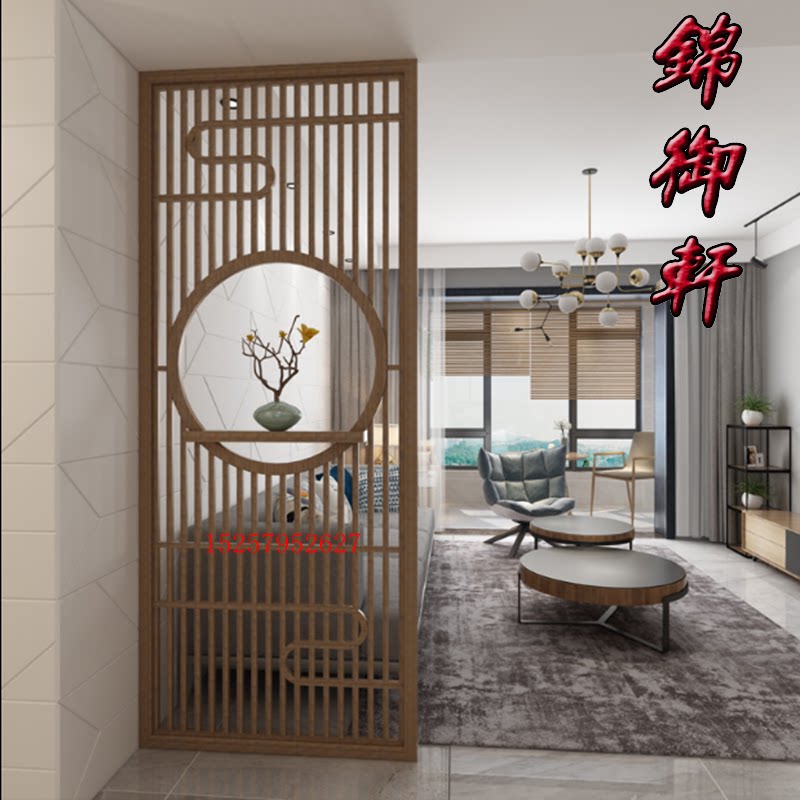 新中式屏风玄关隔断装饰镂空花格简约现代实木墙木格栏栅隔板储物_虎窝淘