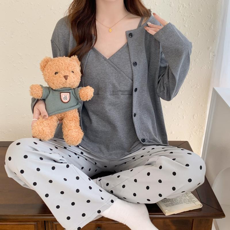 纯棉月子服春秋针织吊带三件套四季款哺乳睡衣套装波点孕妇家居服