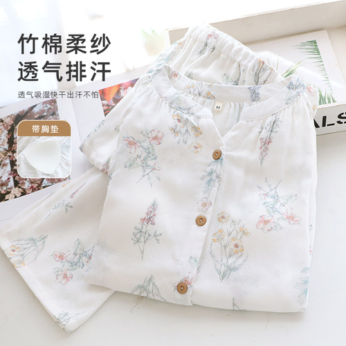 竹棉纱布月子服夏季薄款套装