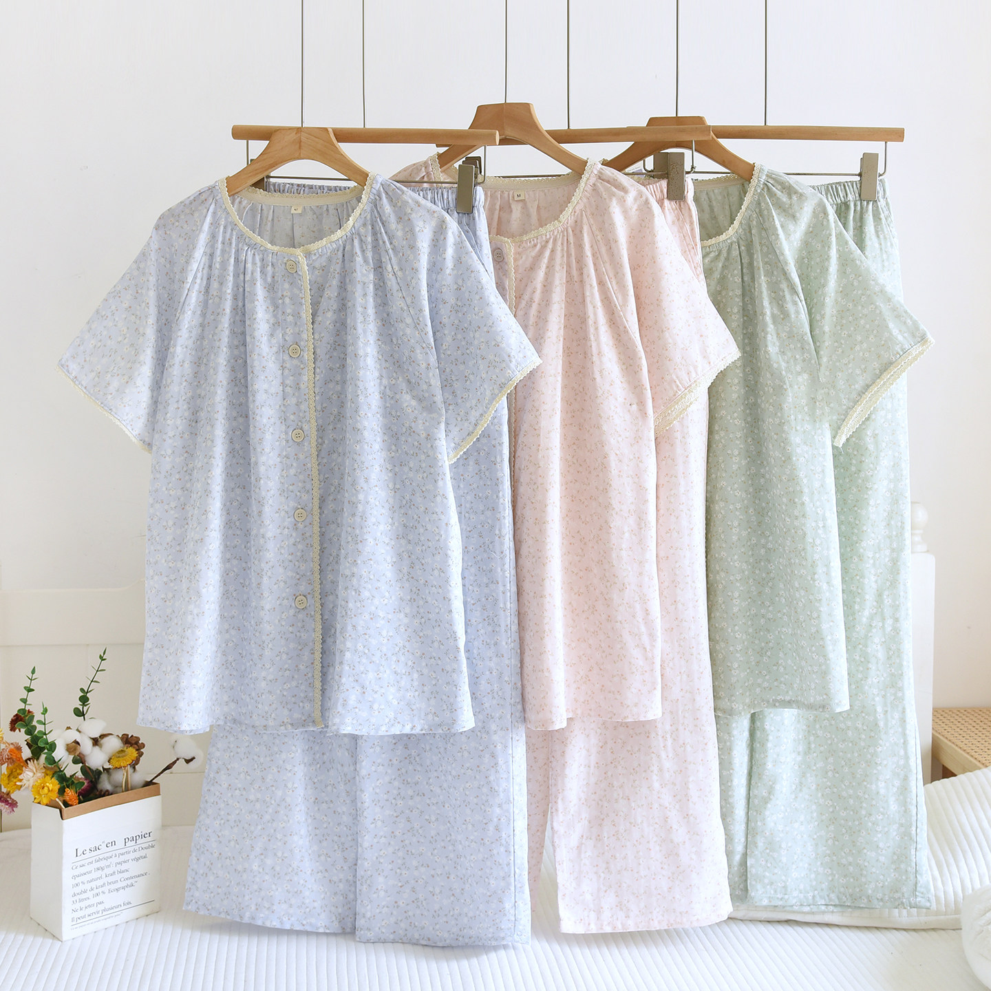 夏天甜美碎花短袖睡衣女款可外穿薄款开衫长裤家居服春夏套装纯棉