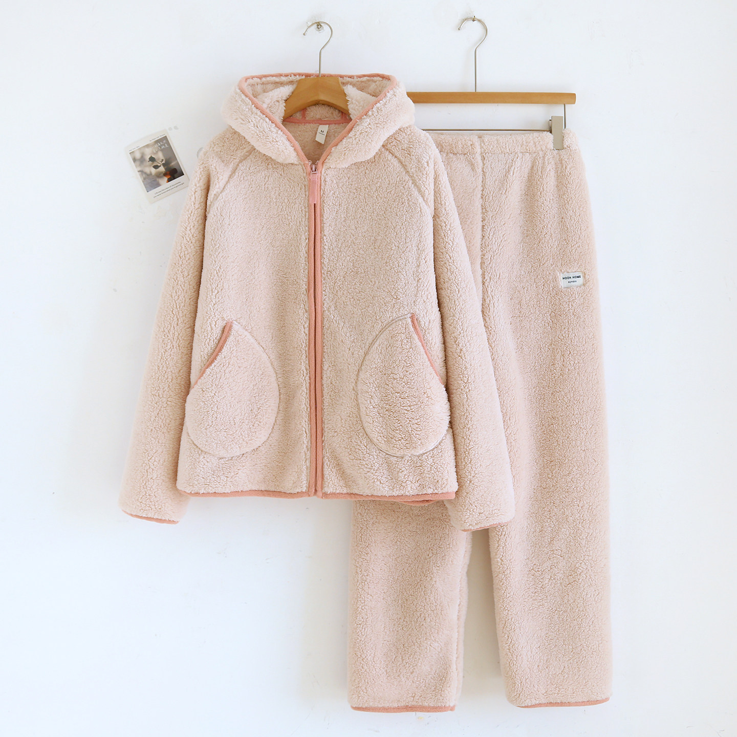 加绒加厚羊羔绒连帽拉链家居服