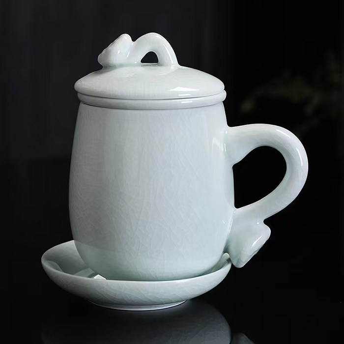谦泰汝窑办公领导杯汝瓷开片茶水分离泡茶带盖过滤陶瓷杯高档礼盒