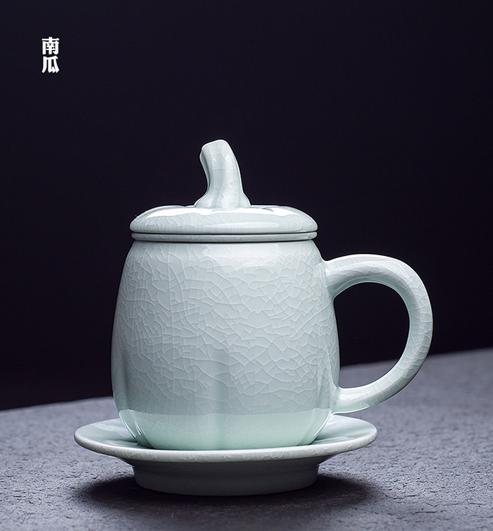 谦泰汝窑办公杯茶水分离泡茶杯陶瓷中式南瓜茶杯过滤大容量老板杯
