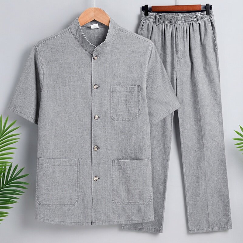 中国风中老年夏装短袖衬衫唐装男老人爷爷棉麻中山装爸爸装套装