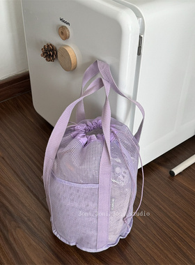 好看的，日系紫色抽绳束口袋 高级透气网格加厚沙滩包洗漱手提袋