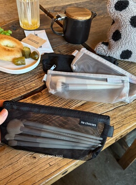 一包带走～纯色透气网纱杂物袋化妆刷腮红眉笔袋学生日常笔袋～