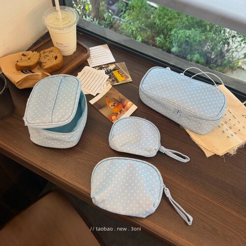 小收纳！ 韩系迷你蓝系点点口红粉饼随身补妆包～适用小样化妆包
