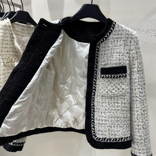 法式 新款 小个子撞色加棉内里粗花呢外套 小香风羽绒棉服女冬季 大码