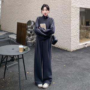 深灰色休闲卫衣女2025春季新款韩系学院风小个子阔腿裤图片