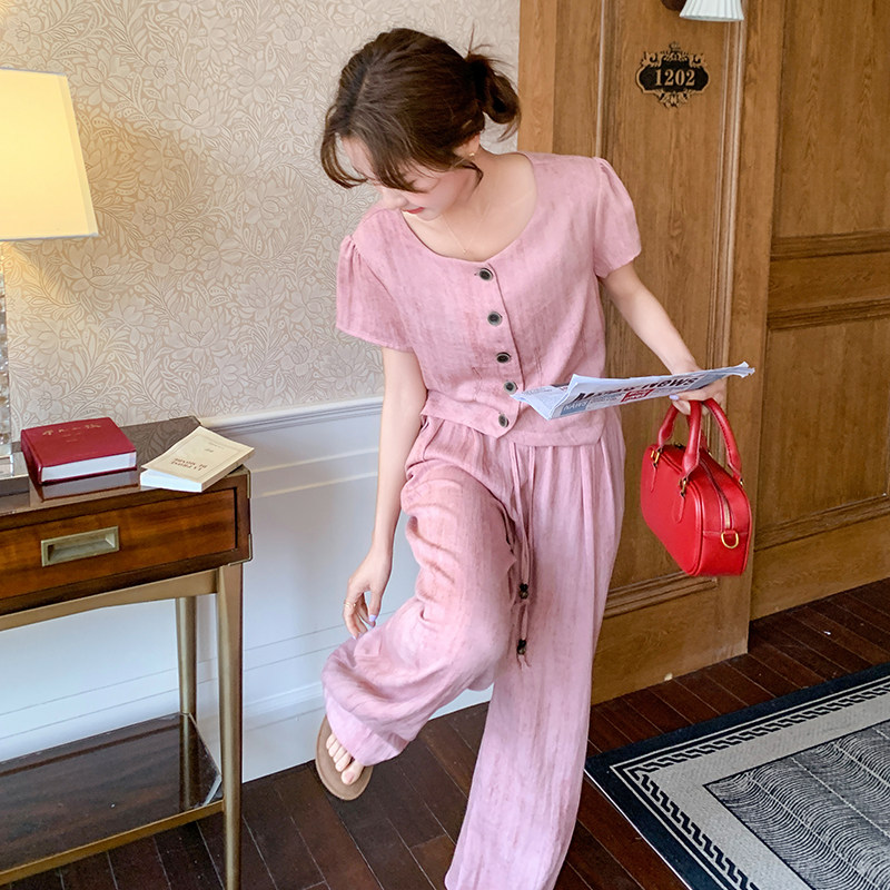 韩系粉色休闲套装女2025夏季新款高级感气质减龄上衣阔腿裤两件套,女装套装/套裙,浙宝005