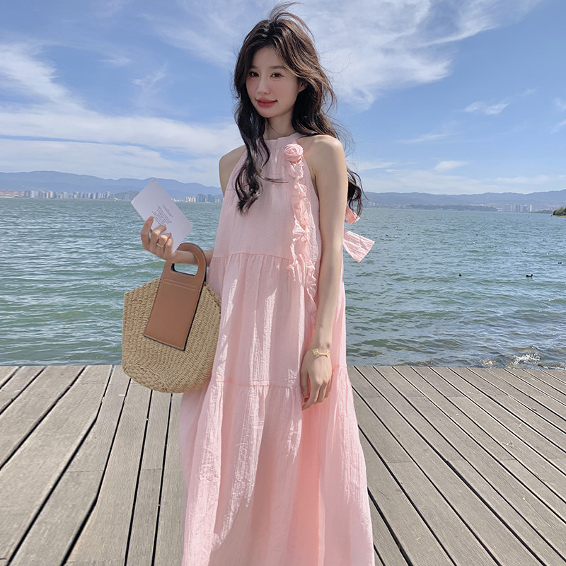 【新品现货】2026夏季粉色无袖挂脖连衣裙2B063635-P135-K198,女装连衣裙,浙宝005