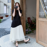 现货2025夏季新款拼接短袖连衣裙005-6025-P125-K178，女装连衣裙，浙宝005