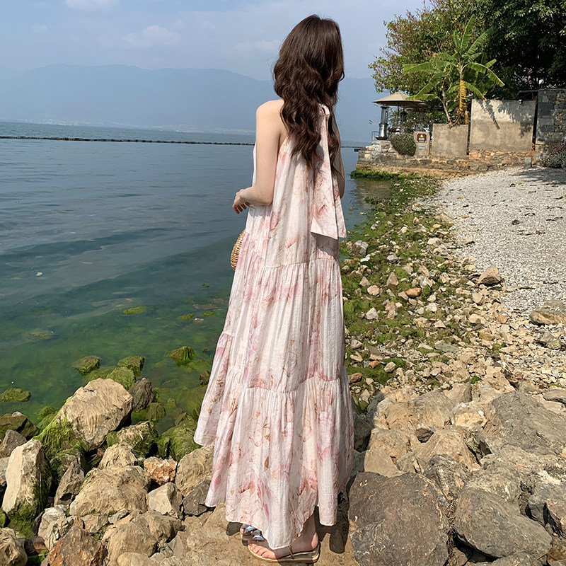 粉色碎花无袖挂脖连衣裙女夏季2025新款法式绝美海边度假沙滩长裙,女装连衣裙,浙宝005