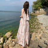 粉色碎花无袖挂脖连衣裙女夏季2025新款法式绝美海边度假沙滩长裙，女装连衣裙，浙宝005