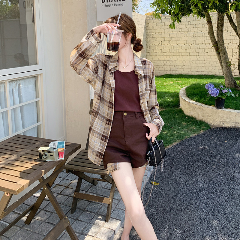 【现货】2026新款夏季格纹衬衫短裤3件套005-682-P150-K218，女装套装/套裙，浙宝005