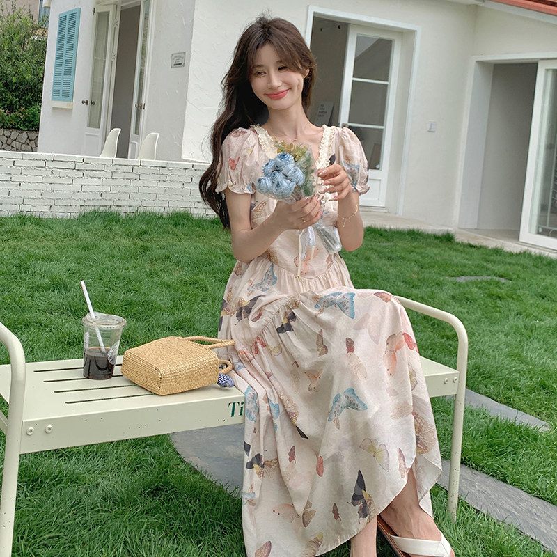 法式蝴蝶印花连衣裙女夏季2024新款显瘦减龄收腰超仙度假风长裙子,女装连衣裙,浙宝005
