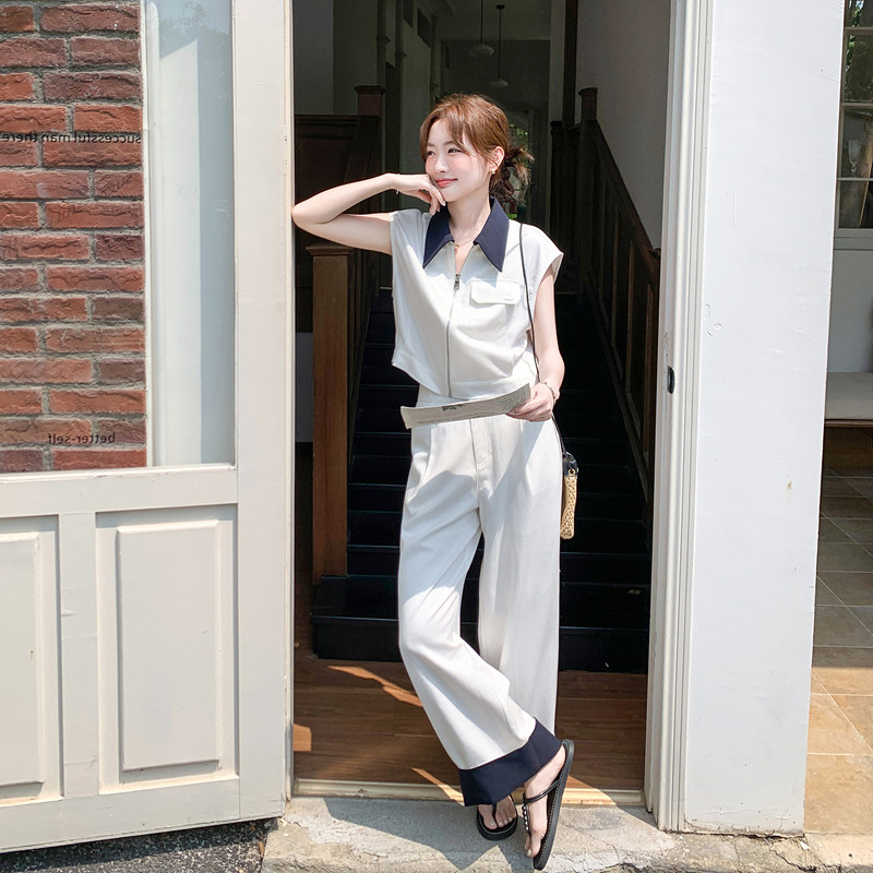 【新款】撞色翻领工装马甲阔腿裤两件套2B063-6195-P185-K295，女装套装/套裙，浙宝005