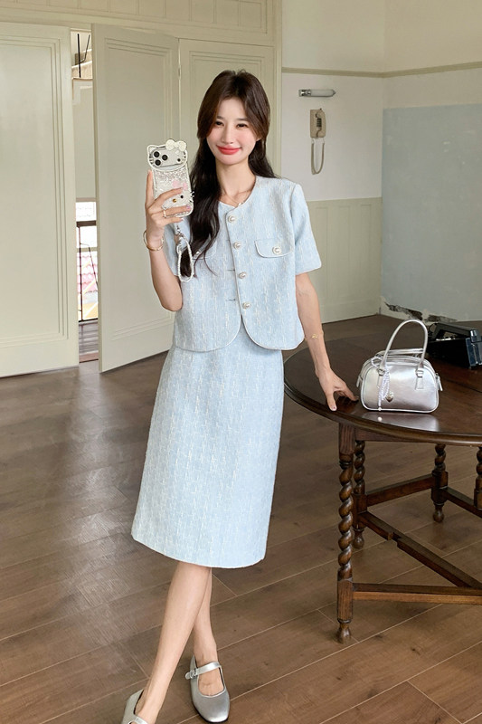 【新款大货出】小香风套装女2026夏浅蓝短袖两件套6205-P165-K268,女装套装/套裙,浙宝005