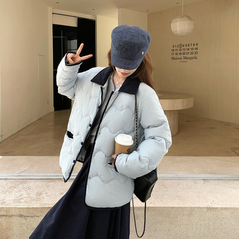 【新款】蓝色拼接翻领泡芙羽绒服005-6085-P295-K428,女装羽绒服,浙宝005