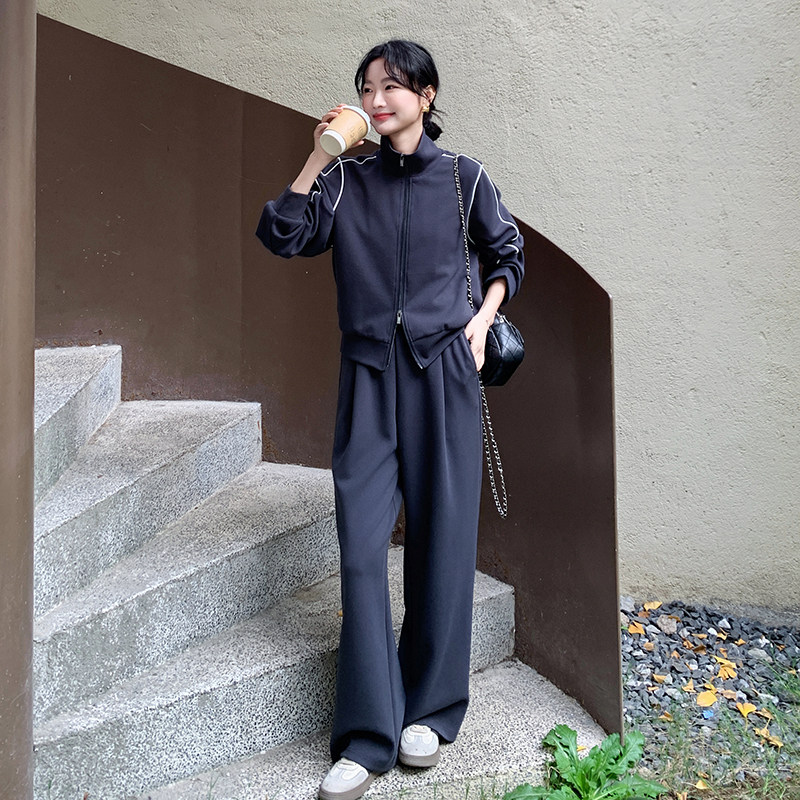 深灰色休闲卫衣女2025春季新款韩系学院风小个子阔腿裤,女装运动套装,浙宝005