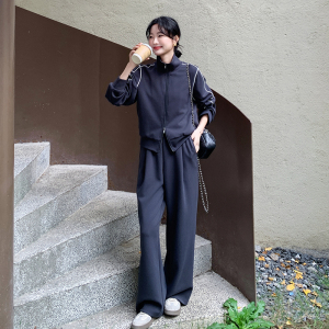 深灰色休闲卫衣女2025春季新款韩系学院风小个子阔腿裤图片