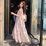 粉色碎花无袖挂脖连衣裙女夏季2025新款法式绝美海边度假沙滩长裙，女装连衣裙，浙宝005