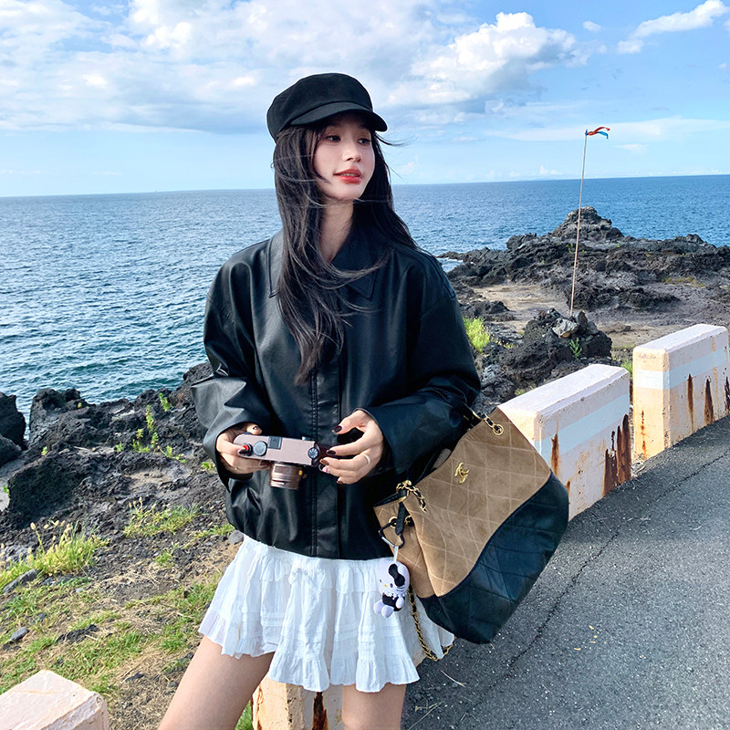 美式复古黑色短款皮衣外套女春秋超火好看高级感小众又酷又飒夹克,女装短外套,浙宝005