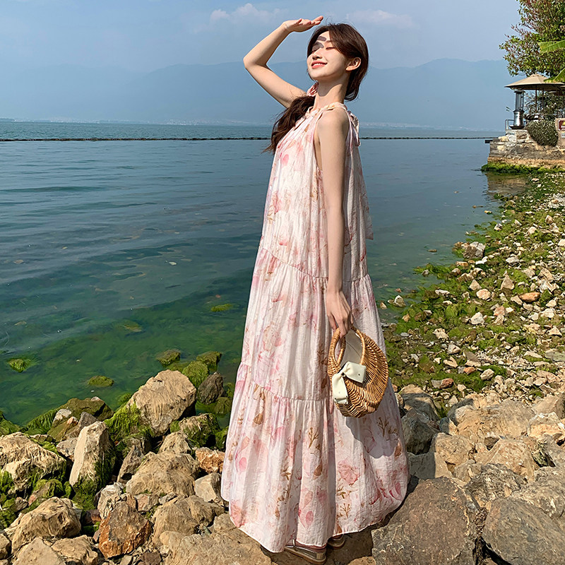 粉色碎花无袖挂脖连衣裙女夏季2025新款法式绝美海边度假沙滩长裙,女装连衣裙,浙宝005