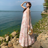 粉色碎花无袖挂脖连衣裙女夏季2025新款法式绝美海边度假沙滩长裙，女装连衣裙，浙宝005