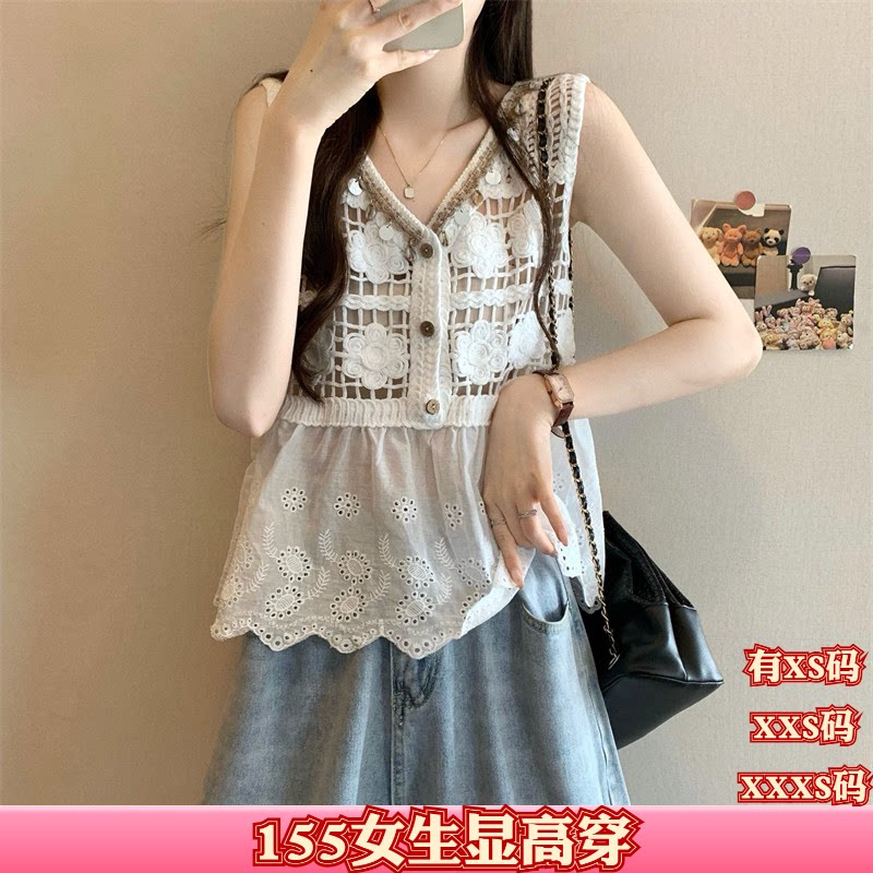 150cm矮个子女装夏季XXXS女装155新版刺绣钩花镂空拼接无袖雪纺衫