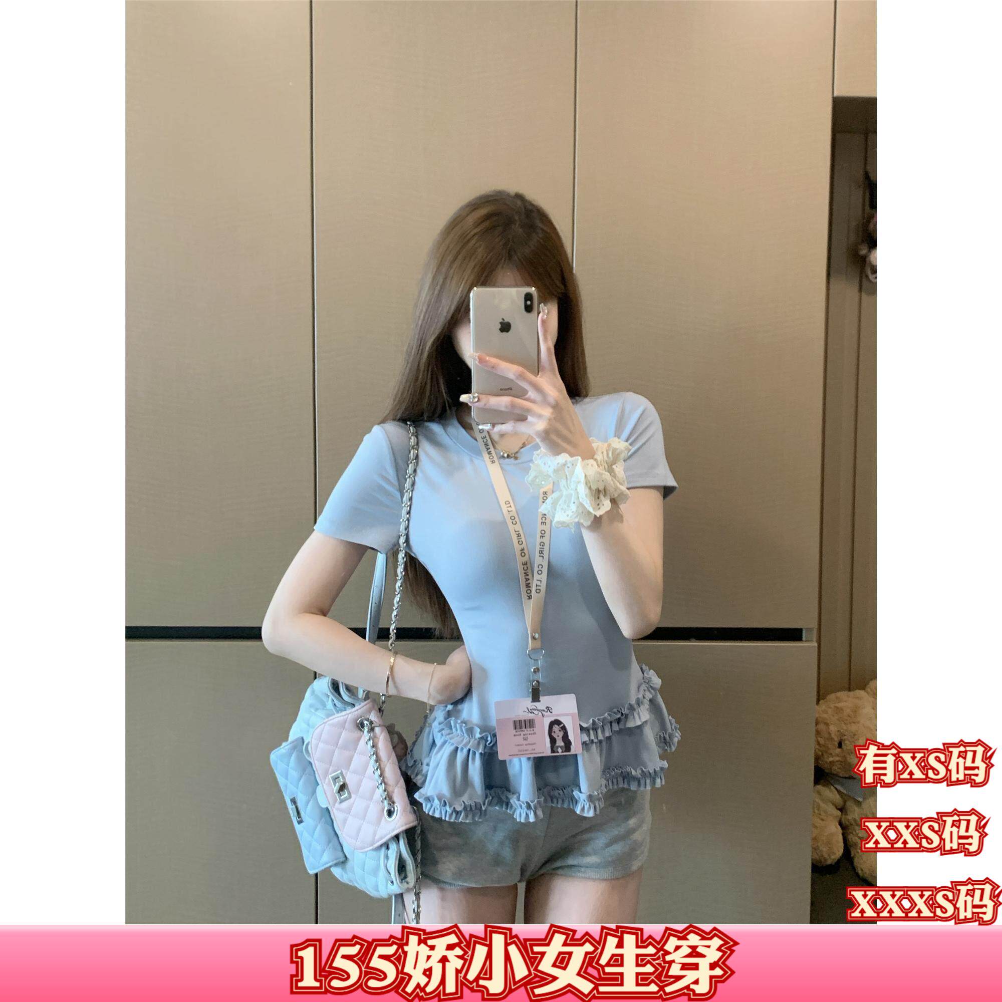 矮个子150cm新款夏季女装加小码XXS甜美风荷叶边圆领短袖T恤上衣