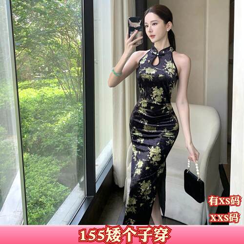 加小码XXS矮个子女装秋装150cm新款旗袍丝绒印花收腰开叉连衣裙女
