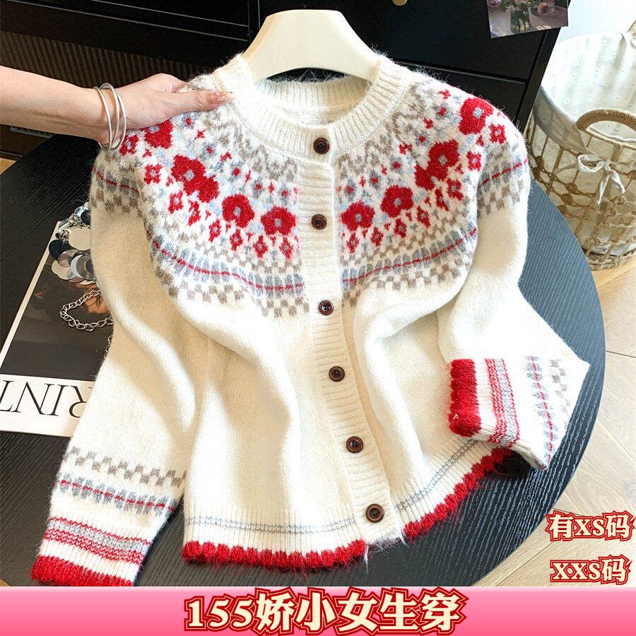 155秋装显高XXS小个子150cm女装提花毛衣长袖针织衫开衫套头外套
