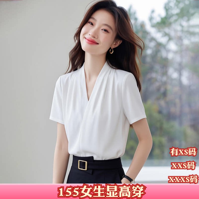 女装夏季150cm显高加小码XXS小个子雪纺短袖衬衫正装V领衬衣上衣