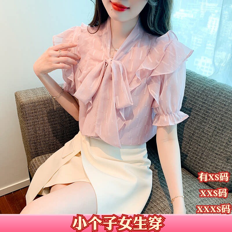夏装小个子女装加小码XXS150cm显高蝴蝶结短袖衬衫女雪纺衫超仙
