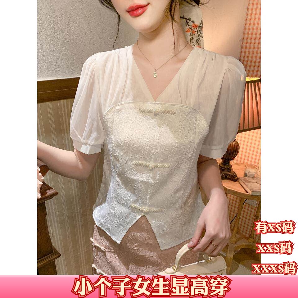 女装夏装150cm显高小个子加小码XXS中式短袖泡泡袖雪纺小衫上衣