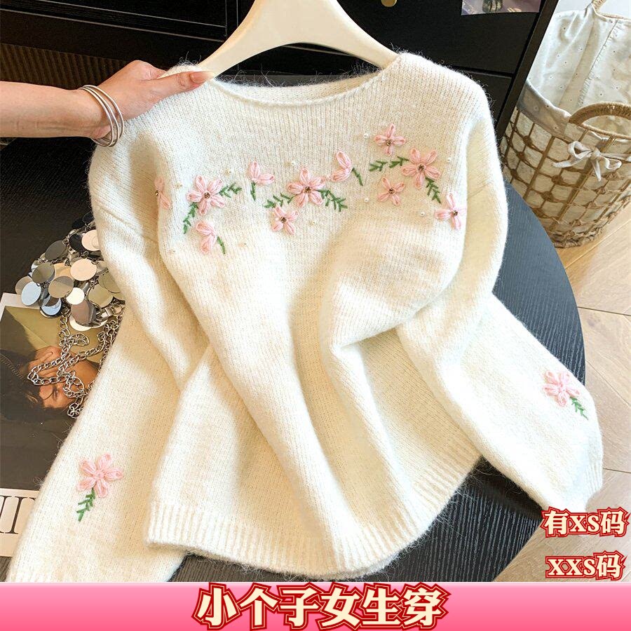 秋装女装小个子150cm显高加小码XXS钩花刺绣毛衣女内搭针织衫上衣