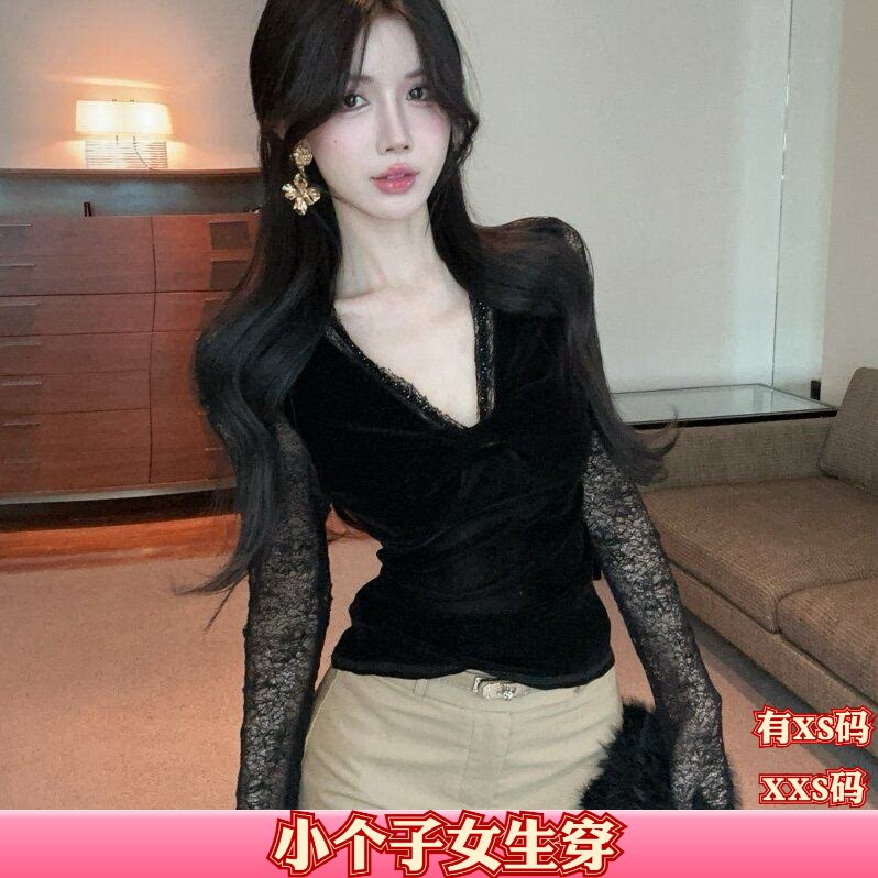 秋装矮个子加小码XXS女装150cm显高V领蕾丝拼接长袖打底衫女上衣