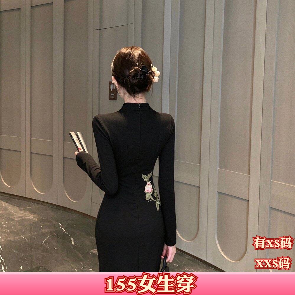 150cm显高女装秋装小个子加小码XXS开叉长袖时尚百搭修身裙连衣裙