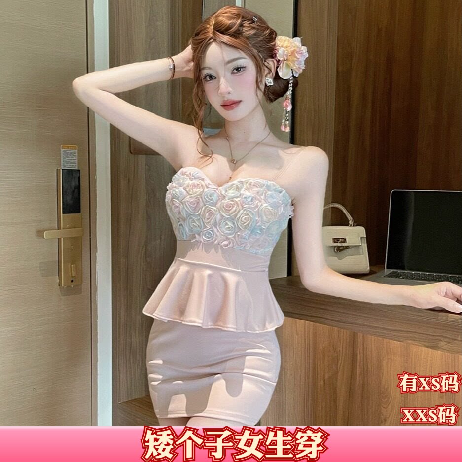 150cm显高女装夏季小个子加小码XXS花朵拼接假两件抹胸连衣裙女